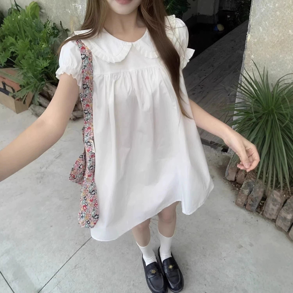 Zara First Love Peter Pan Collar Summer Loose Puff Sleeve Solid Dress